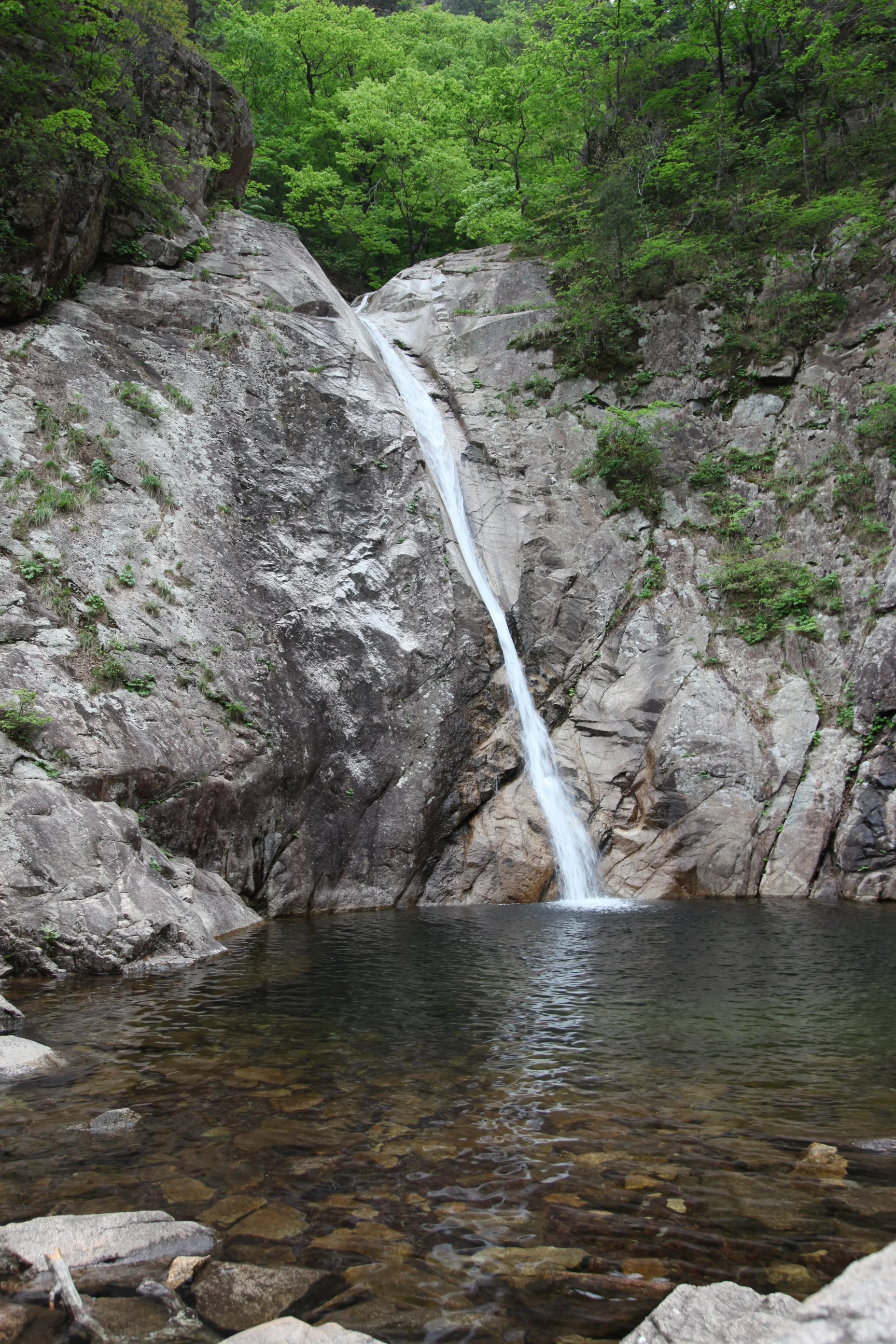 Biryong Falls descends over pale granite into a clear pool framed by green trees in Seoraksan